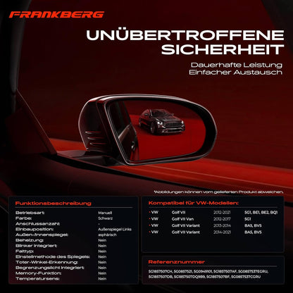 Frankberg 1 x buitenspiegel, links, elektrisch, compatibel met Golf VII 5G1 BE1 BE2 BQ1 2012-2021 Golf VII Van 5G1 2012-2017 Golf VII Variant BA5 BV5 2013-2021, vervanging # 5G0857521