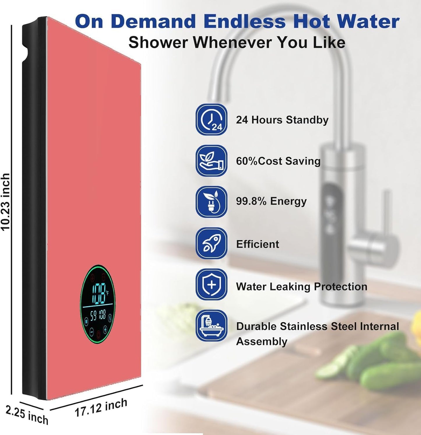 Verwarmingsupgrade – elektrisch water zonder sleuf 9 kw240 V, energiebesparing van warm water zonder autopool – op aanvraag instelbaar, digitaal display van het hele woonhuis (roze)