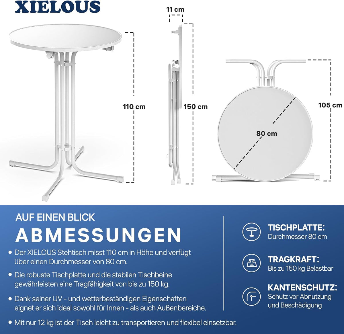 Statafel - 80 cm inklapbare ronde houten statafel met afdekking, weerbestendig voor tuinen, bistro's, bruiloften en outdoor - gelegenheden (wit)