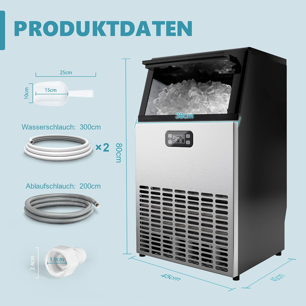 EUHOMY Commerciële ijsblokjesmachine, 45 kg/24 uur, roestvrij staal, ondertafel-ijsmachine met 15 kg ijsopslagcapaciteit, vrijstaande ijsmachine met timer, ideaal voor bars, drankwinkels en grote