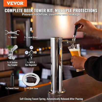 VEVOR Kegerator-toren-kit, enkele tap kraan-bierombouwset, roestvrijstalen biertoren tapsysteem met dubbele meter W21.8-regelaar en A-systeem vatkoppeling, bierdruppelbak voor feestjes thuis