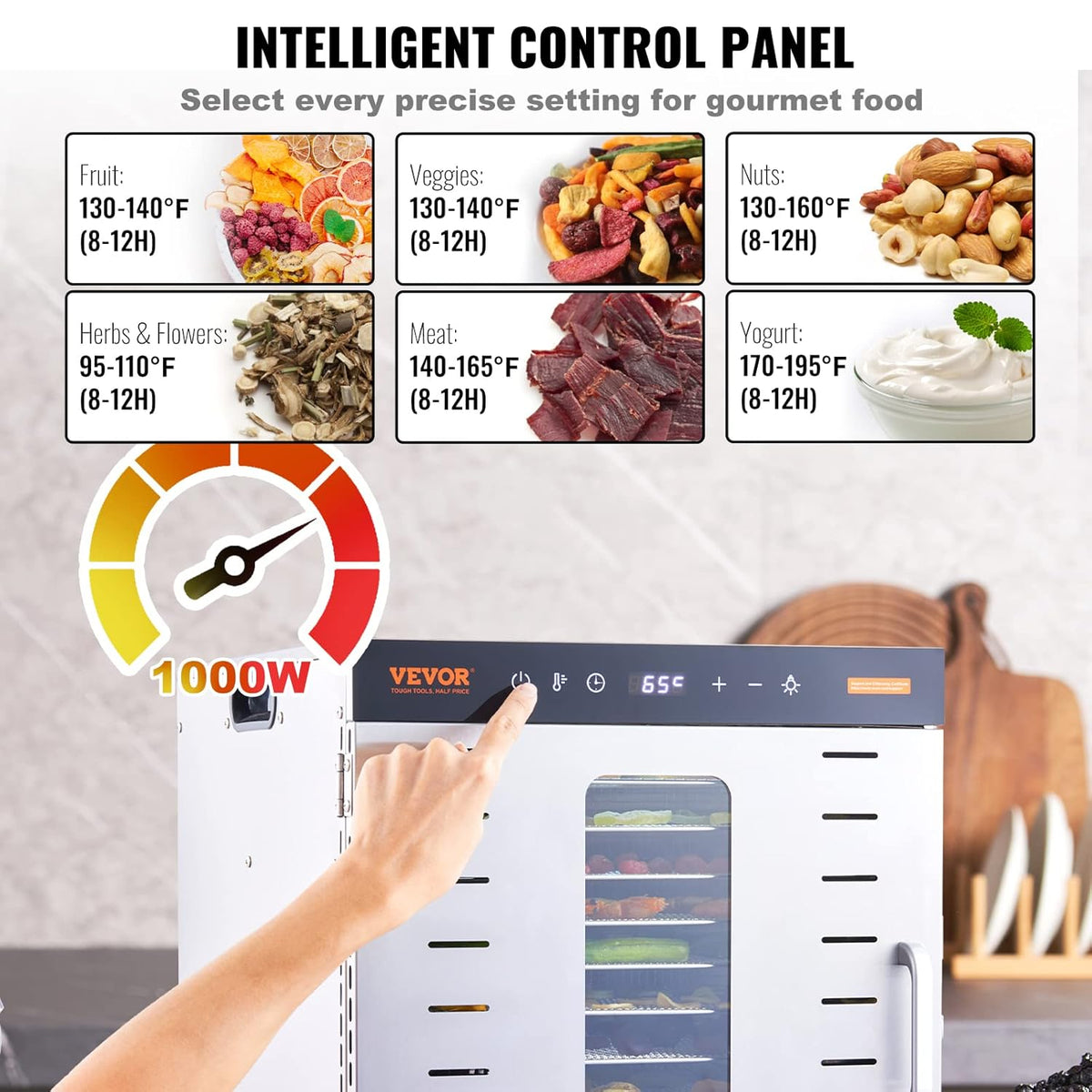 VEVOR Voedseldroger met 10 vakken, roestvrij staal, 1000 W, elektrisch, voor groenten en fruit, instelbare temperatuur van 30 tot 90 °C, timer, 0,5-48 uur, voor kruiden, vlees