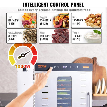 VEVOR Voedseldroger met 10 vakken, roestvrij staal, 1000 W, elektrisch, voor groenten en fruit, instelbare temperatuur van 30 tot 90 °C, timer, 0,5-48 uur, voor kruiden, vlees