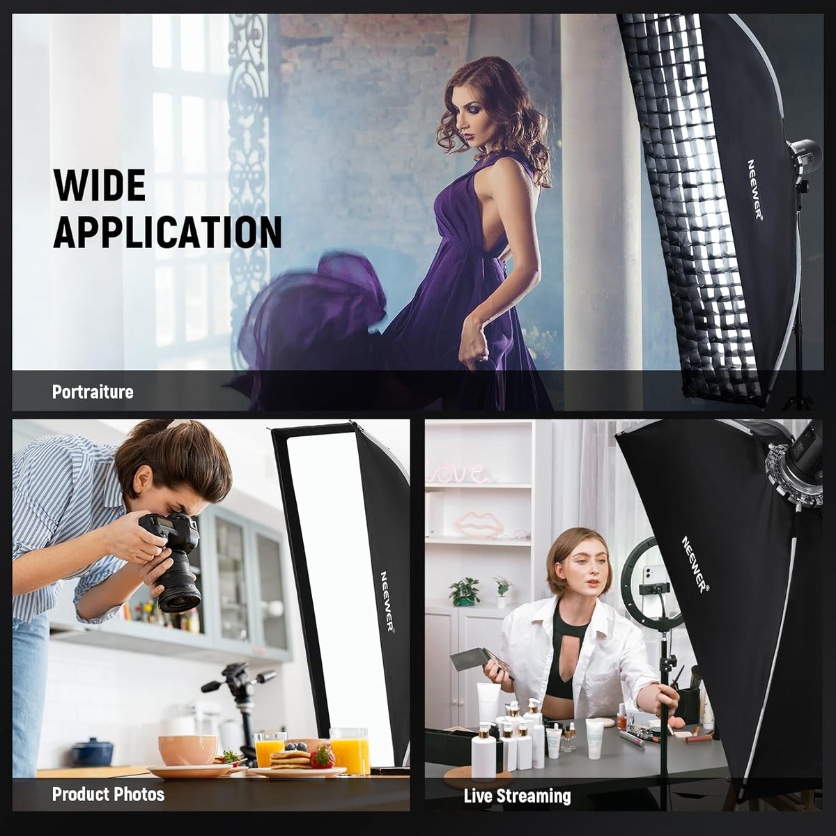 Softbox – Studioverlichting – Fotografieverlichting – Videolicht – Lichtvormer – Rechthoekig 12 x 47 Inch – Bowens Houder Met Honingraatrooster En 2 Diffusers