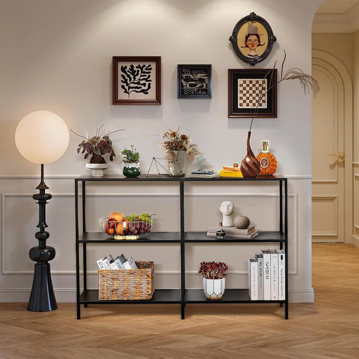 HDANI Metalen consoletafel van 120 cm met 3 niveaus, smalle ingangstafel, moderne sofatafels voor entree, woonkamer, slaapkamer, zwart