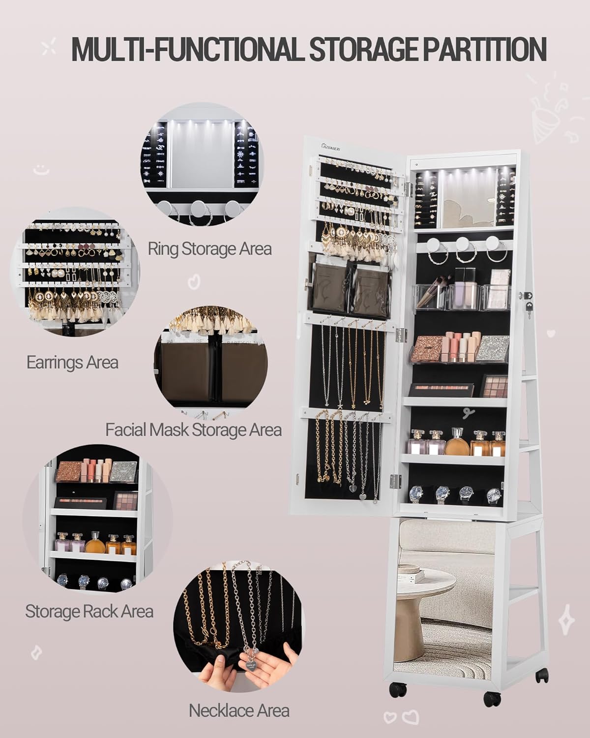 Hzuaneri JC35303BV1 6 LED Jewellery Cabinet, 159 cm High, Standing Jewellery Cabinet Organiser, Lockable in Full Length, Mirror with 4 Wheels, Large 5 Layer Jewellery Rack, White