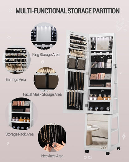 Hzuaneri JC35303BV1 6 LED Jewellery Cabinet, 159 cm High, Standing Jewellery Cabinet Organiser, Lockable in Full Length, Mirror with 4 Wheels, Large 5 Layer Jewellery Rack, White