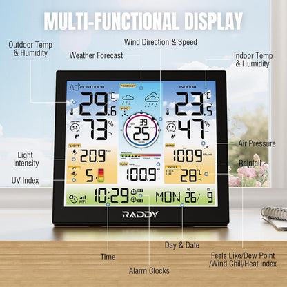 Raddy WF-120C Professioneel draadloos WiFi-weerstation, temperatuur- en vochtigheidsmeter voor binnen en buiten met 7-in-1 buitensensor, regenmeter, windsnelheid, weersvoorspelling, UV- en lichtindex