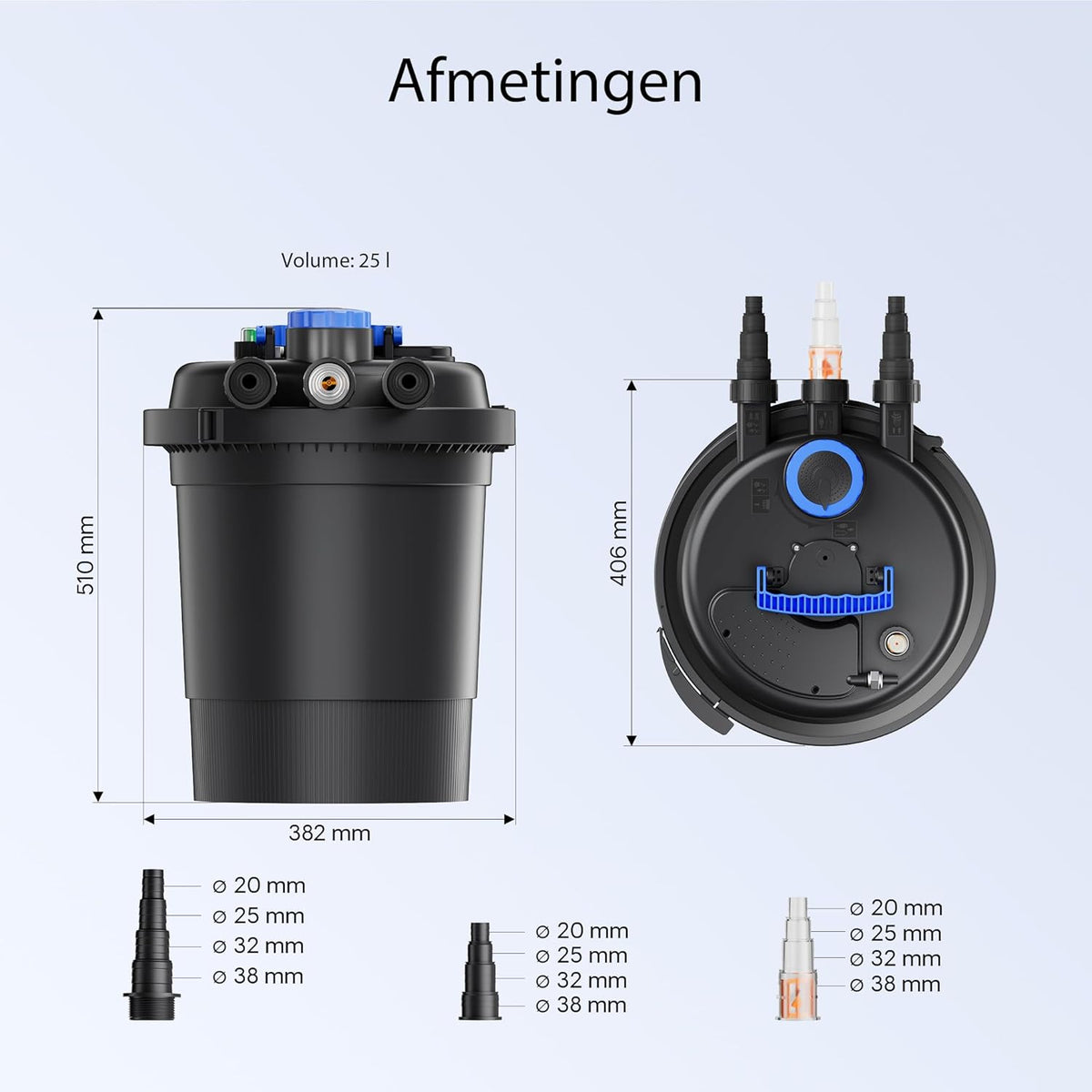 Drukfilterset vijverfilter 10.000 l, UVC-vijverzuiveraar 11W, pomp 70W en slang 25m