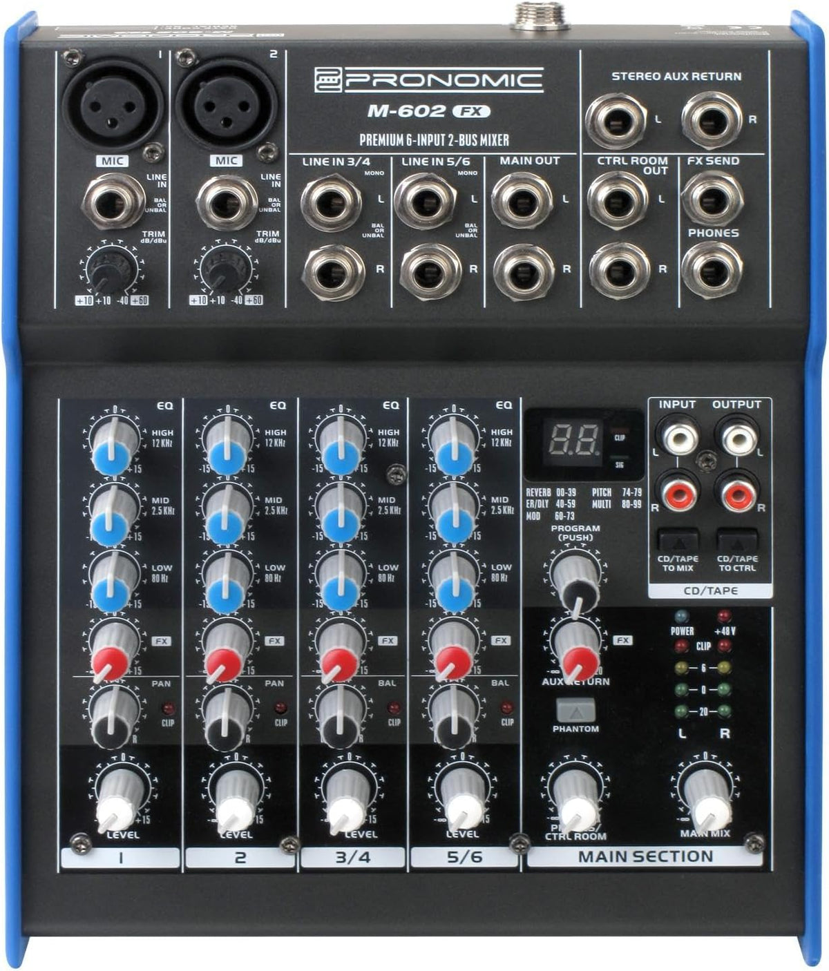 Pronomic M-602FX Live/Studio Mengpaneel met digitale 24bit multieffectprocessor (2 Mono-kanalen XLR/Jack, 2 Stereo-kanalen, 3-bands EQ, 48V fantoomvoeding)