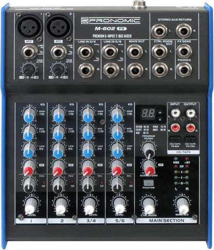 Pronomic M-602FX Live/Studio Mengpaneel met digitale 24bit multieffectprocessor (2 Mono-kanalen XLR/Jack, 2 Stereo-kanalen, 3-bands EQ, 48V fantoomvoeding)