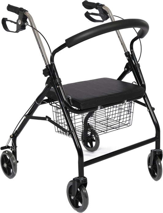 FERRUCCI COMFORT Rollator, inklapbaar, ultralicht, met wielen, remmen, mand en ergonomische zitting voor senioren, 4 remwielen, Europese CE-markering, zwart