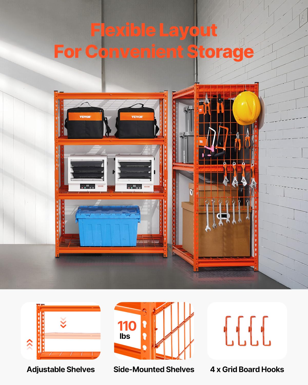 Opslagplanken – Opbergrek, Garagerek, Stellingkast, Metalen Rek – Oranje, Verstelbare Planken, 1088 Kg Draagvermogen