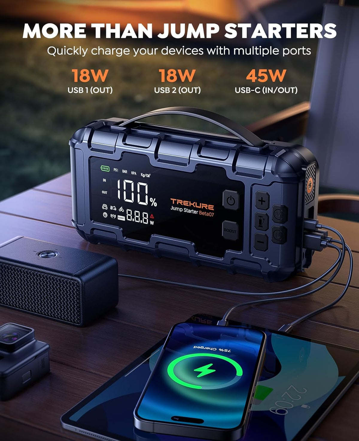 TREKURE 10-in-1 booster autostarthulp 7000 A en PD 45 W snel opladen, noodstarthulp voor auto met compressor 160 psi, handschoenen en lichten, accustarthulp voor alle gassen of 12 l diesel