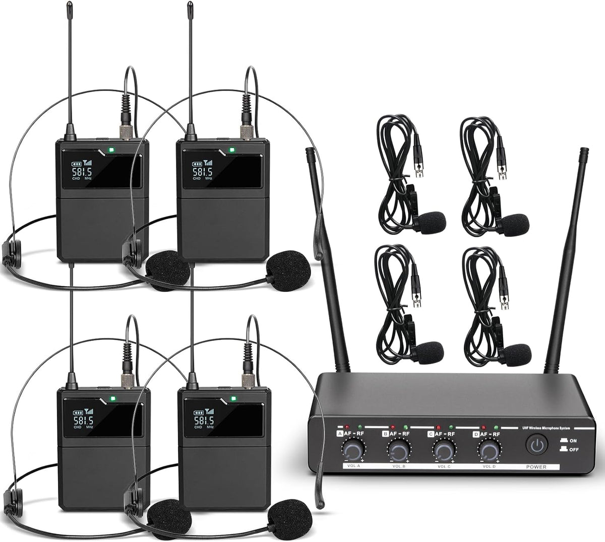 Depusheng R6 draadloze microfoon, 4-kanaals draadloze microfoonset met draadloze lavalier headset, microfoon, metalen ontvanger, ideaal voor zingen, karaoke, feesten, bruiloften