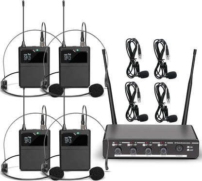 Depusheng R6 draadloze microfoon, 4-kanaals draadloze microfoonset met draadloze lavalier headset, microfoon, metalen ontvanger, ideaal voor zingen, karaoke, feesten, bruiloften