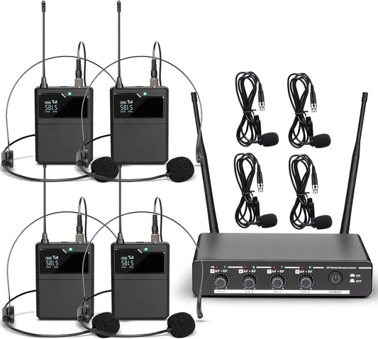 Depusheng R6 draadloze microfoon, 4-kanaals draadloze microfoonset met draadloze lavalier headset, microfoon, metalen ontvanger, ideaal voor zingen, karaoke, feesten, bruiloften
