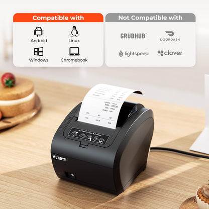 MUNBYN WiFi Ontvangstprinter met USB-poort, 80mm POS-printer Werkt met Square Mac Windows Chromebook Linux Kassalade, ESC/POS, Hoge Snelheid Auto-Cutter Wandmontage Ondersteuning, Zonder LAN