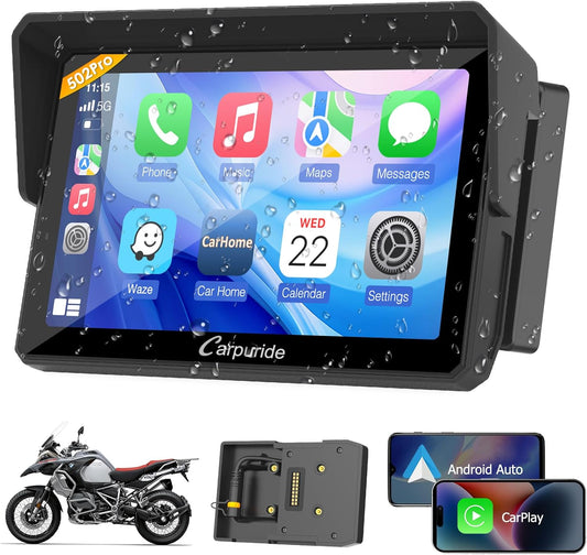 Carpuride W502B Pro voor B.M W Motorfiets CarPlay & Android Auto & Dual Bluetooth, 5" Waterdicht GPS Navigatiescherm voor Motorfiets, Muziek Delen, Intercom, EQ, Lichtsensor, Kompas, Barometer