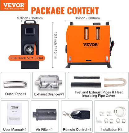 VEVOR Diesel Air Heater, 12V 5KW All-On-One Diesel Heater with Remote Control and LCD Display, 5L Fuel Tank, Portable Diesel Heater, Fast Heating for Motorhome, RV, Motorhome, - QUORE