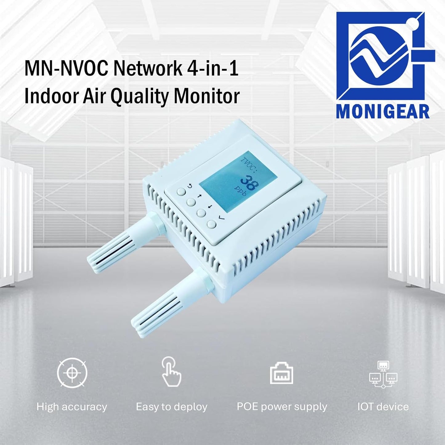 Luchtkwaliteitsmonitor voor binnen, 4-in-1 temperatuurvochtigheid CO2 TVOC-sensor, AWS/Azure/Tuya IoT-netwerkondersteuning met PoE, LCD-scherm, protocol: MQTT, BACnet, SNMP, Modbus TCP