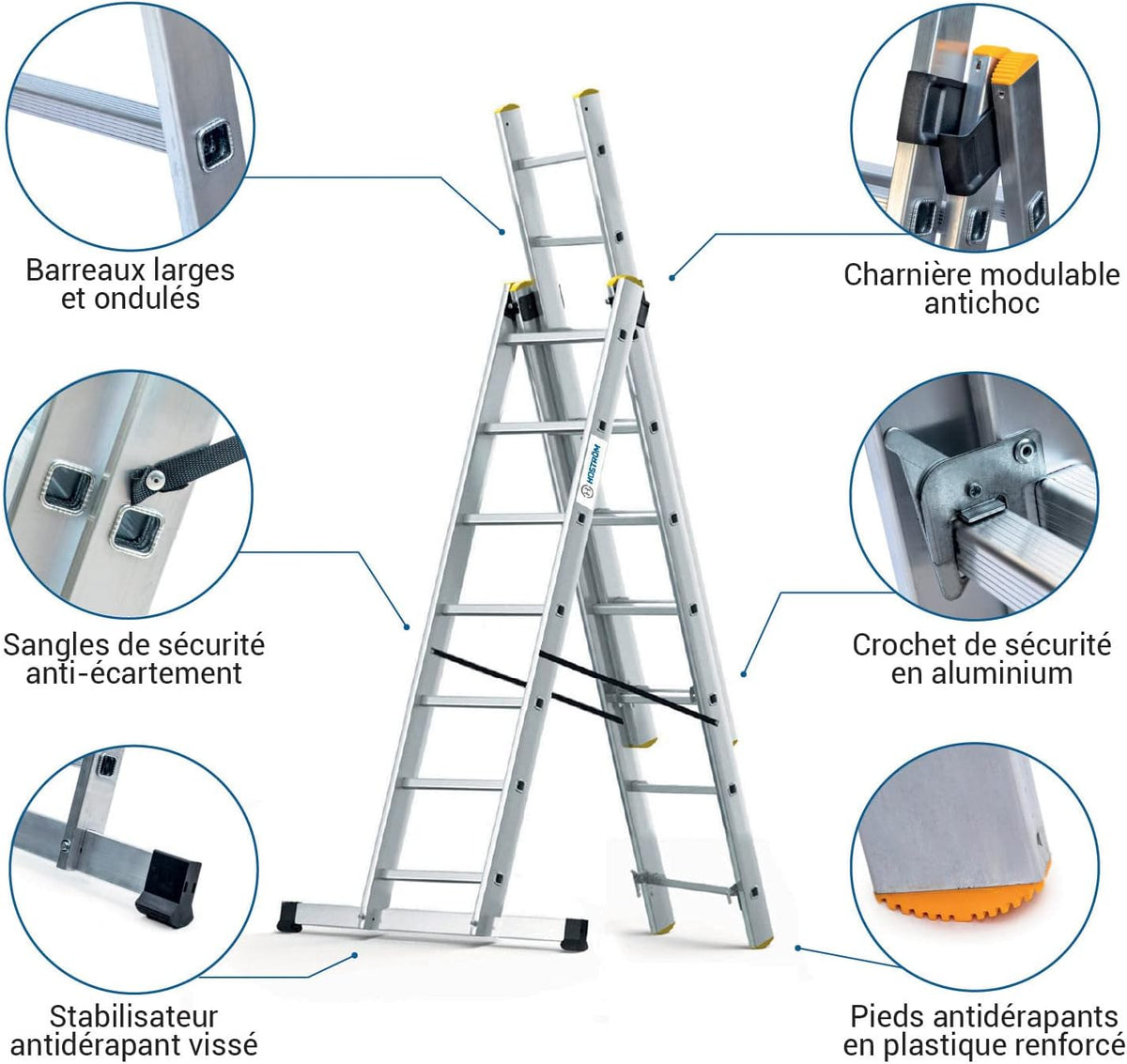 Hostrom Ladder, 3 planken, 3 x 7 treden, aluminium, uittrekbaar, 6 posities, max. werkhoogte 5,00 m, 5 jaar garantie