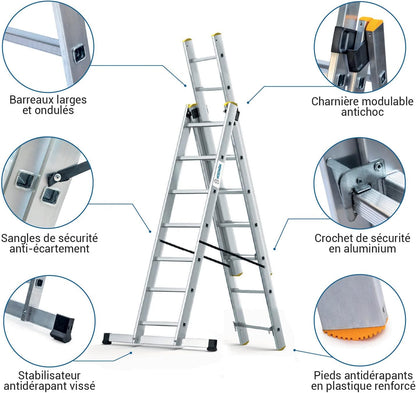 Hostrom Ladder, 3 planken, 3 x 7 treden, aluminium, uittrekbaar, 6 posities, max. werkhoogte 5,00 m, 5 jaar garantie