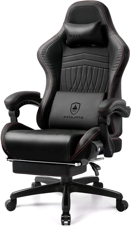 GTPLAYER Ergonomic Gaming Chair, Office Chair, Racing Chair with Footrest and Speakers, Load Capacity up to 150 kg, Black-Red - QUORE