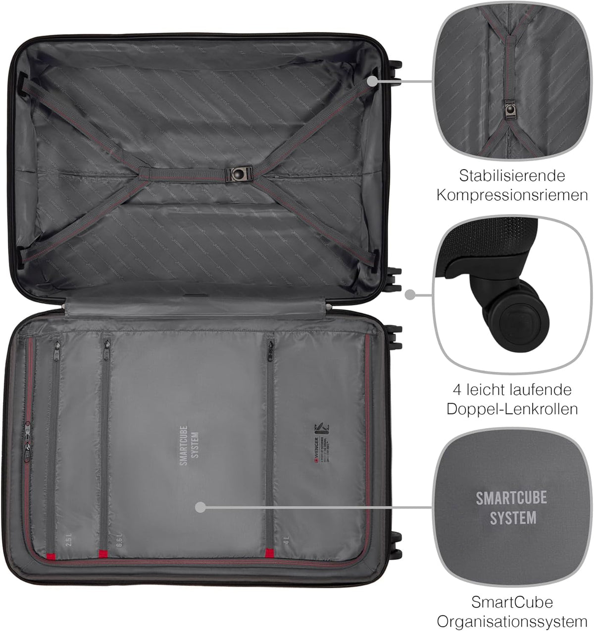 WENGER Ibex grote koffer met harde schaal en 4 wielen, trolley, groot, 100 (118) liter, veiligheidsslot, dames, heren, vakantie, zwart, 612041