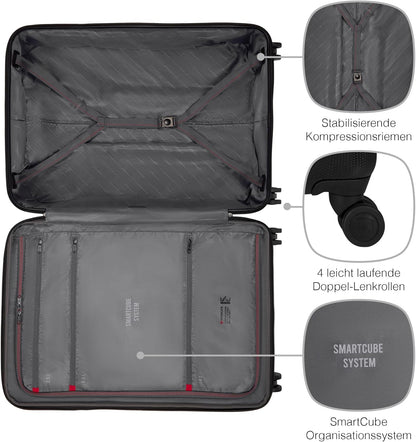 WENGER Ibex grote koffer met harde schaal en 4 wielen, trolley, groot, 100 (118) liter, veiligheidsslot, dames, heren, vakantie, zwart, 612041