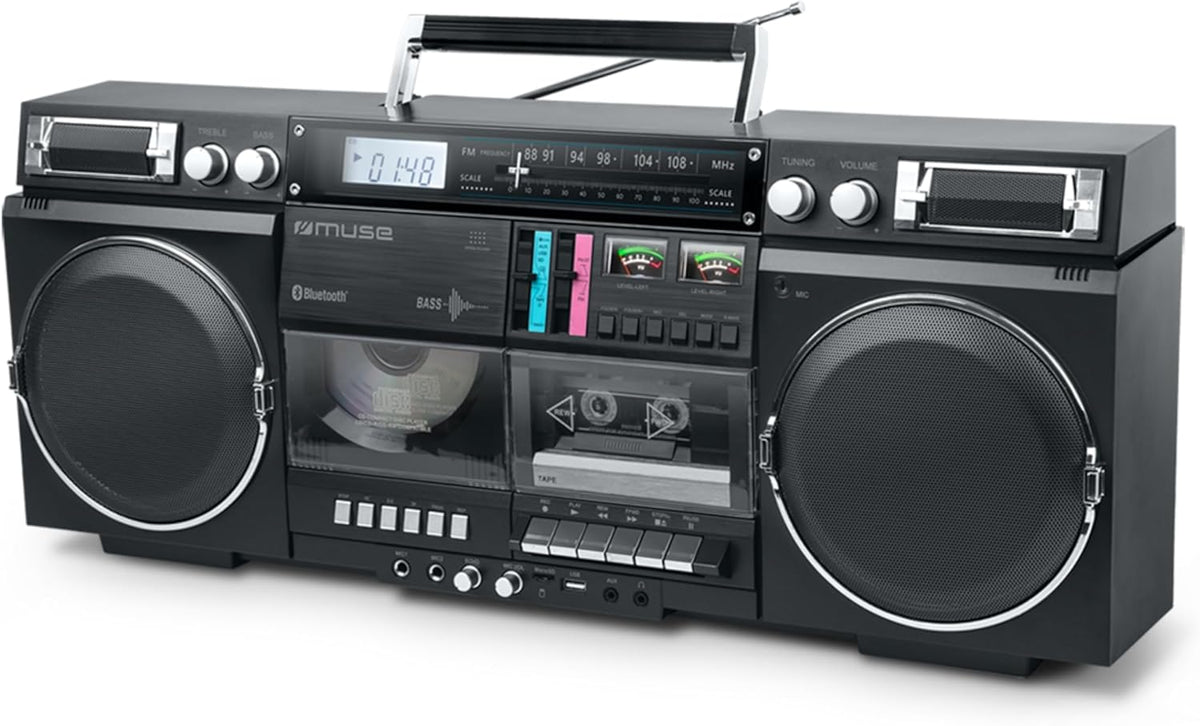 MUSE Bluetooth Retro Boombox met radio, CD, cassetterecorder, 80 W uitgangsvermogen, USB, aux, Micro SD-kaartsleuf