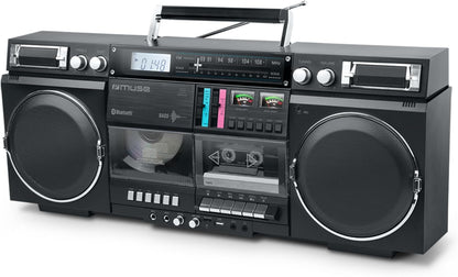MUSE Bluetooth Retro Boombox met radio, CD, cassetterecorder, 80 W uitgangsvermogen, USB, aux, Micro SD-kaartsleuf