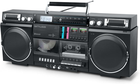 MUSE Bluetooth Retro Boombox met radio, CD, cassetterecorder, 80 W uitgangsvermogen, USB, aux, Micro SD-kaartsleuf