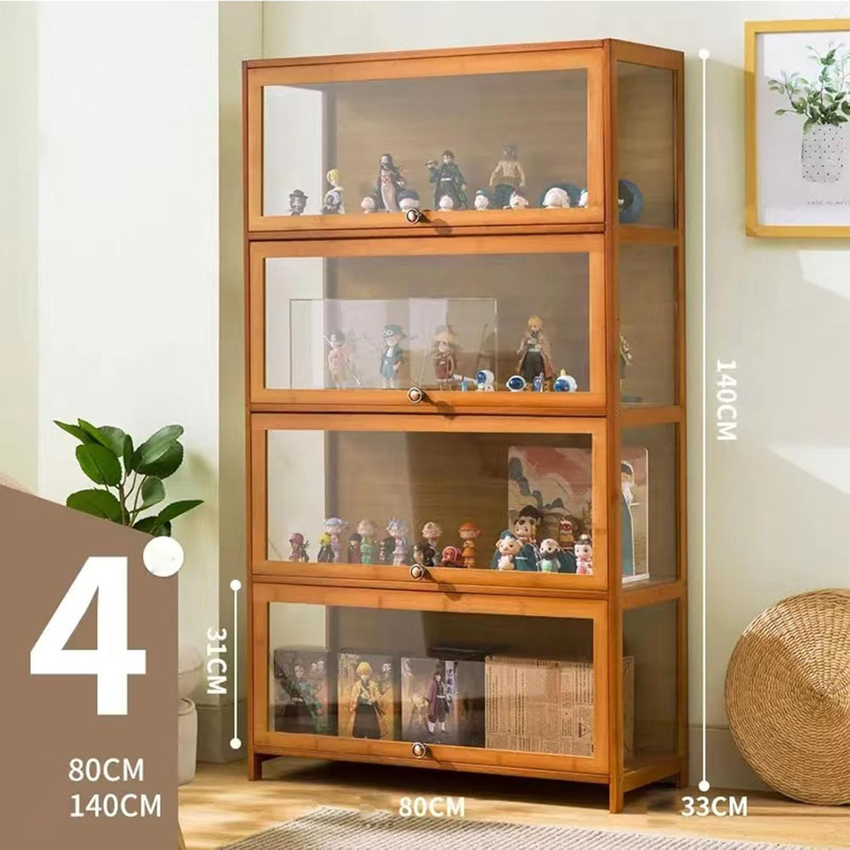 Vitrinekast voor verzamelaars, frame van natuurlijk bamboe, vitrine uit de acrylcollectie, stofdicht, geschikt voor thuis- en kantoorgebruik (houtkleur, 4-vloers-80 cm)