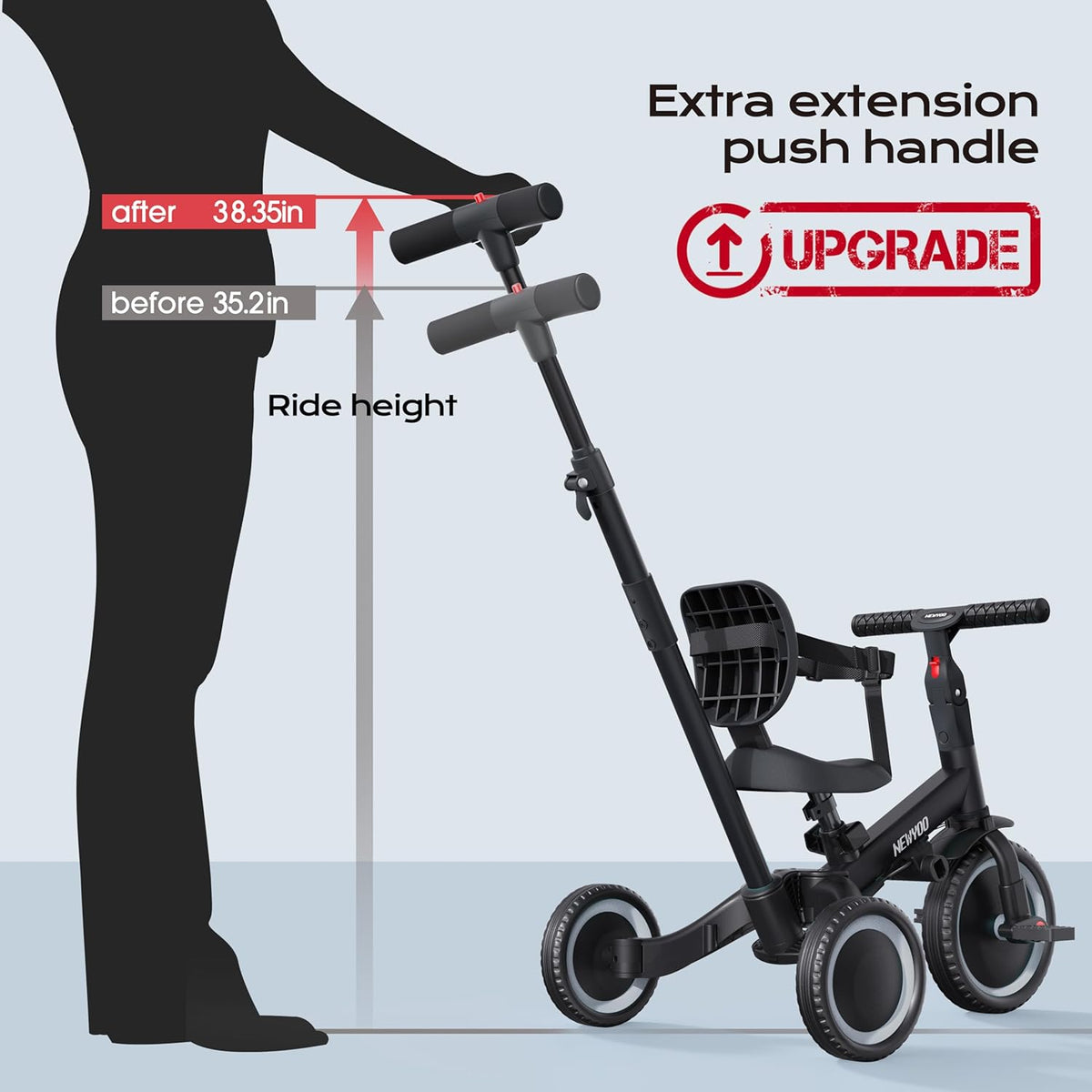 newyoo Tricycle 5 en 1, draisienne à partir de 1 an, avec barre de poussée, pour enfants à partir de 1, 2, 3 ans, avec pédales amovibles et siège réglable, Zwart
