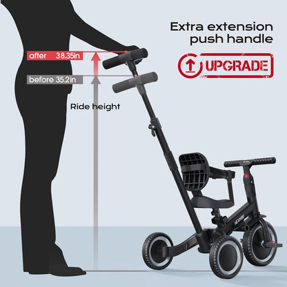 newyoo Tricycle 5 en 1, draisienne à partir de 1 an, avec barre de poussée, pour enfants à partir de 1, 2, 3 ans, avec pédales amovibles et siège réglable, Zwart