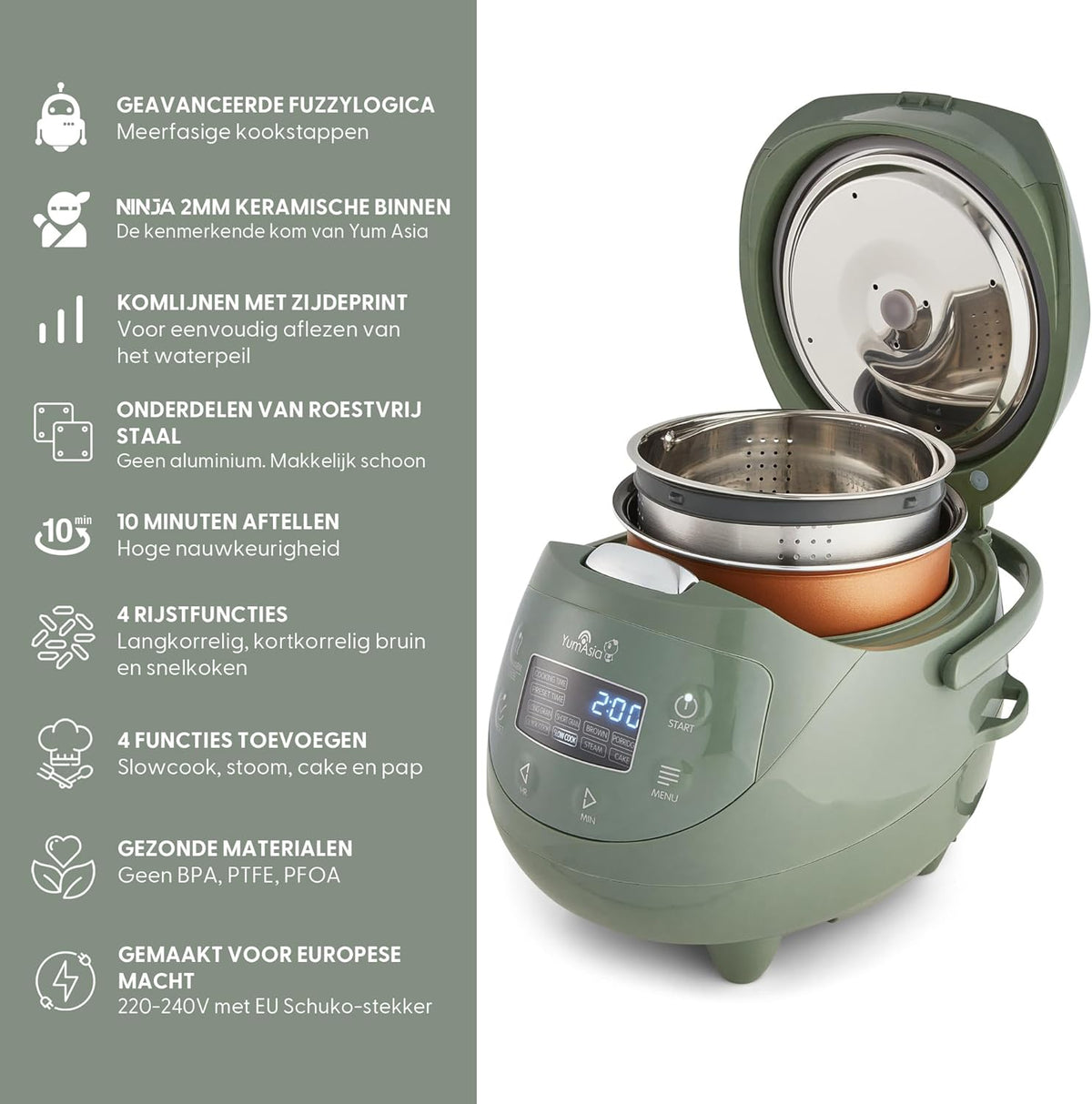 Yum Asia Panda Mini Rijstkoker Met Ninja Keramische Kom en Advanced Fuzzy Logic (3,5 kop, 0,63 liter) 4 Rijstkookfuncties, 4 Multicooker-functies, LED-display, 220-240V (Saliegroen)