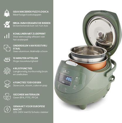 Yum Asia Panda Mini Rijstkoker Met Ninja Keramische Kom en Advanced Fuzzy Logic (3,5 kop, 0,63 liter) 4 Rijstkookfuncties, 4 Multicooker-functies, LED-display, 220-240V (Saliegroen)