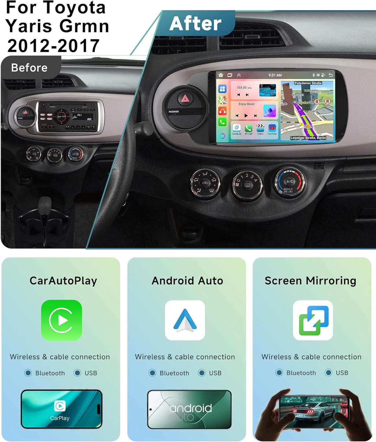 Autoradio Toyota Yaris Grmn – Multimedia Systeem – Navigatie Systeem – Inbouw Radio – DAB Radio – 7 Inch HD Touchscreen – Draadloze CarPlay & Android Auto