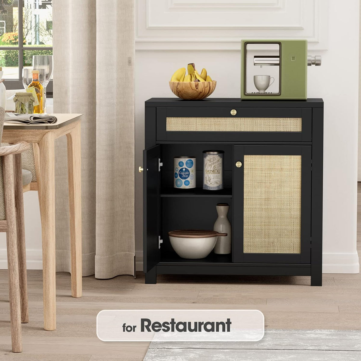 Opbergkast, staande kast met 2 rotandeuren, keuken accentkast met massief houten poten, buffetkast voor eetkamer, hal, entree, woonkamer, zwart