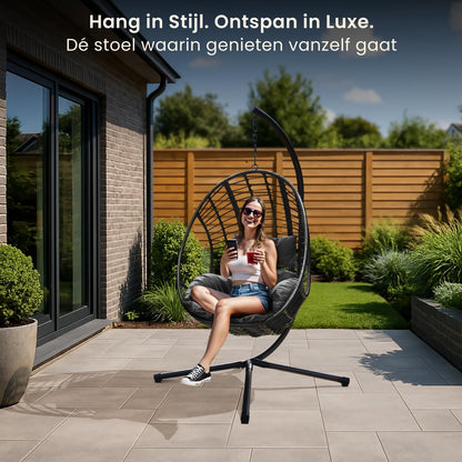 Swoods XXL Egg Hangstoel – Hangstoel met standaard – Voor Binnen en Buiten – Incl. Kussens – Egg Chair – Weerbestendig - Ei Stoel – tot 150kg (Donkergrijs)