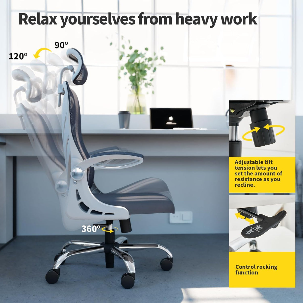 HOLLUDLE Ergonomische Bureaustoel met Opklapbare Rugleuning, Computer Bureaustoel met Opklapbare Armleuningen, Mesh Lendensteun en 2D Hoofdsteun Grote en Lange Bureaustoel, Wit
