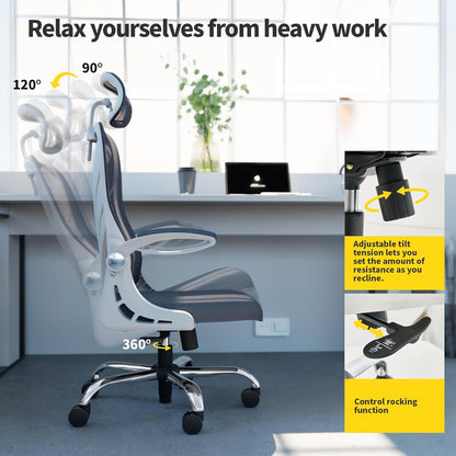HOLLUDLE Ergonomische Bureaustoel met Opklapbare Rugleuning, Computer Bureaustoel met Opklapbare Armleuningen, Mesh Lendensteun en 2D Hoofdsteun Grote en Lange Bureaustoel, Wit