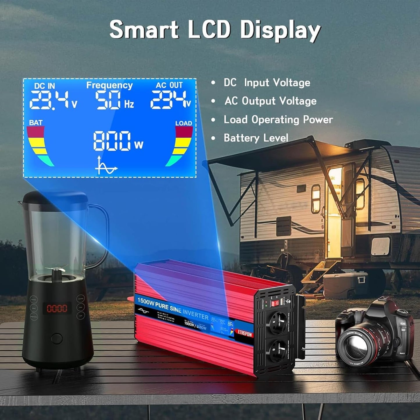 Omvormer 1500W /3000W 24V naar 230V Pure Sinus Volt ETREPOW Auto spanningsomvormer Omvormer Converter Pure Sine Wave Power Inverter DC AC omvormer (Draadloze afstandsbediening, display)