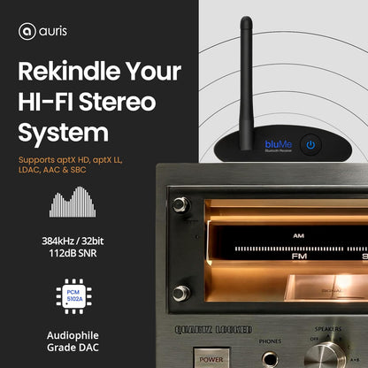 Auris BluMe HD Bluetooth 5.0-muziekontvanger Hi-Fi draadloze audioadapter met audiofiele DAC en aptX HD voor streaming naar stereo thuis, AV-receiver of stereoversterker