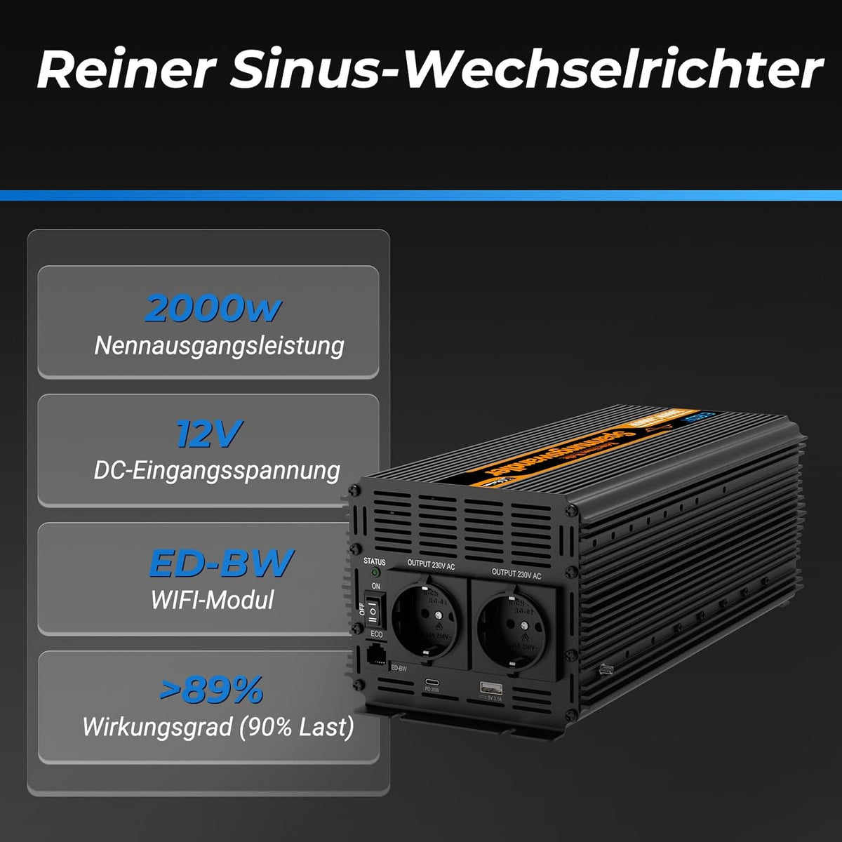 EDECOA 12 V 230 V omvormer, 2000 W/4000 W, 12 V naar 230 V, zuivere sinusgolf, omvormer met wifi-module, ondersteuning voor app-functies met 1 USB-poort en 1 PD-aansluiting