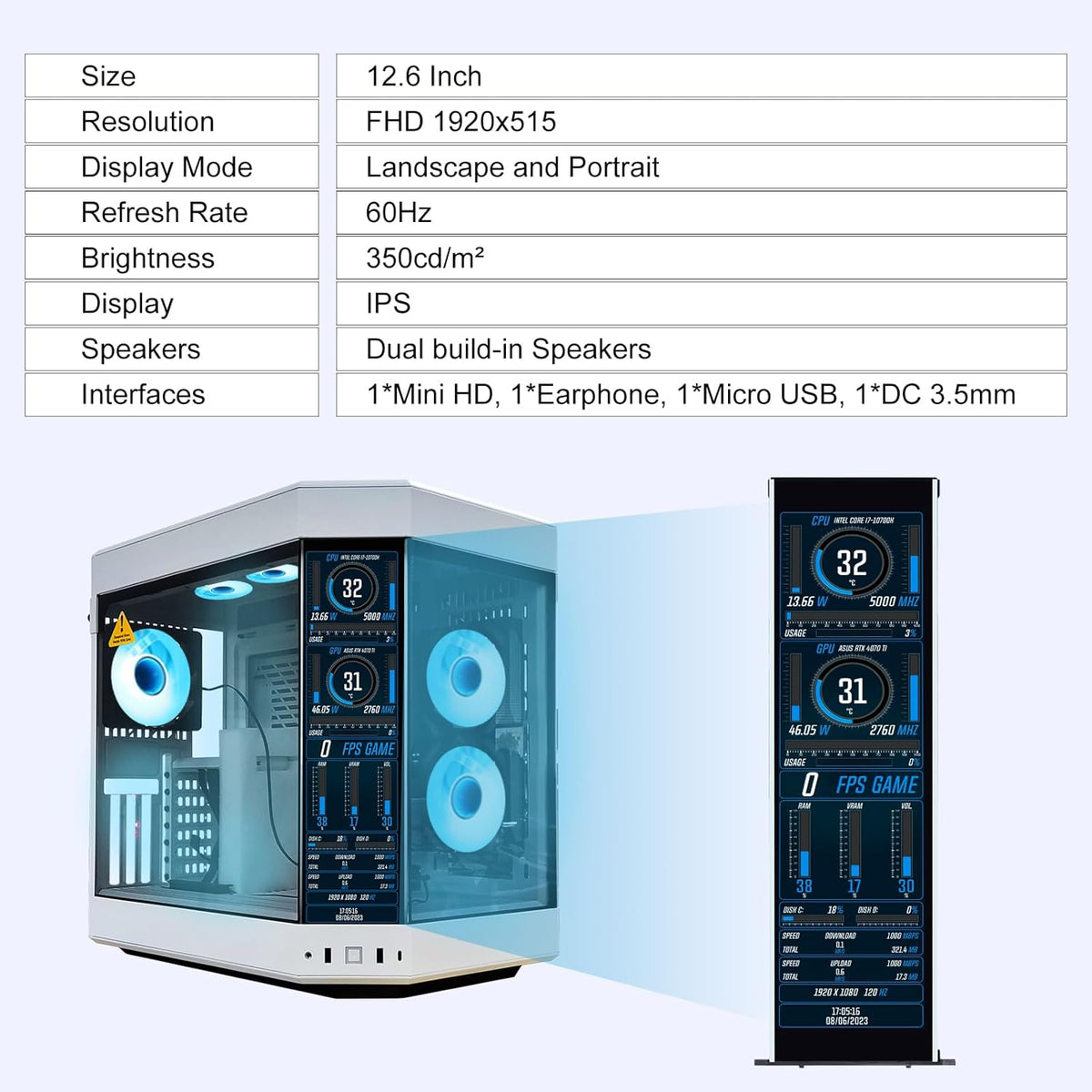 GeeekPi 12,6 inch IPS LCD-touchscreenmonitor FHD 1920x515-scherm, geschikt voor doe-het-zelf Y60 pc-behuizing CPU GPU secundair monitorpaneel, dubbele luidsprekers, met maximaal 10 multi-touch-punten