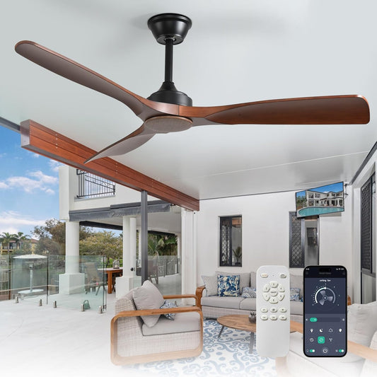 Depuley Grote plafondventilator zonder licht voor buiten: 132 cm, ventilator met afstandsbediening en app voor terras en tuin, stille plafondventilator, omkeerbare DC-timer voor slaapkamer, woonkamer