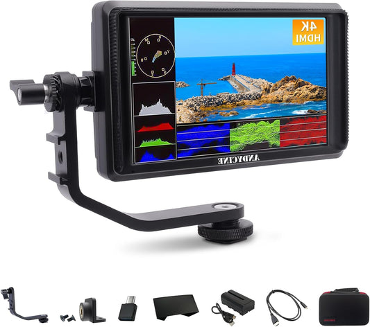 ANDYCINE A6 V2 6 Inch HDMI Field Monitor 1920x1080 Camera Field Monitor Bundle with 4k HDMI In/Out Tilt Arm, Power Output, Battery & Carrying Case Included - QUORE