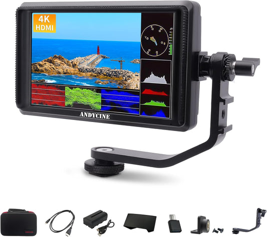 ANDYCINE A6 V2 6 Inch HDMI Field Monitor 1920x1080 Camera Field Monitor Bundel met 4k HDMI In/Out Tilt Arm, Power Output, Batterij & Draagtas inbegrepen